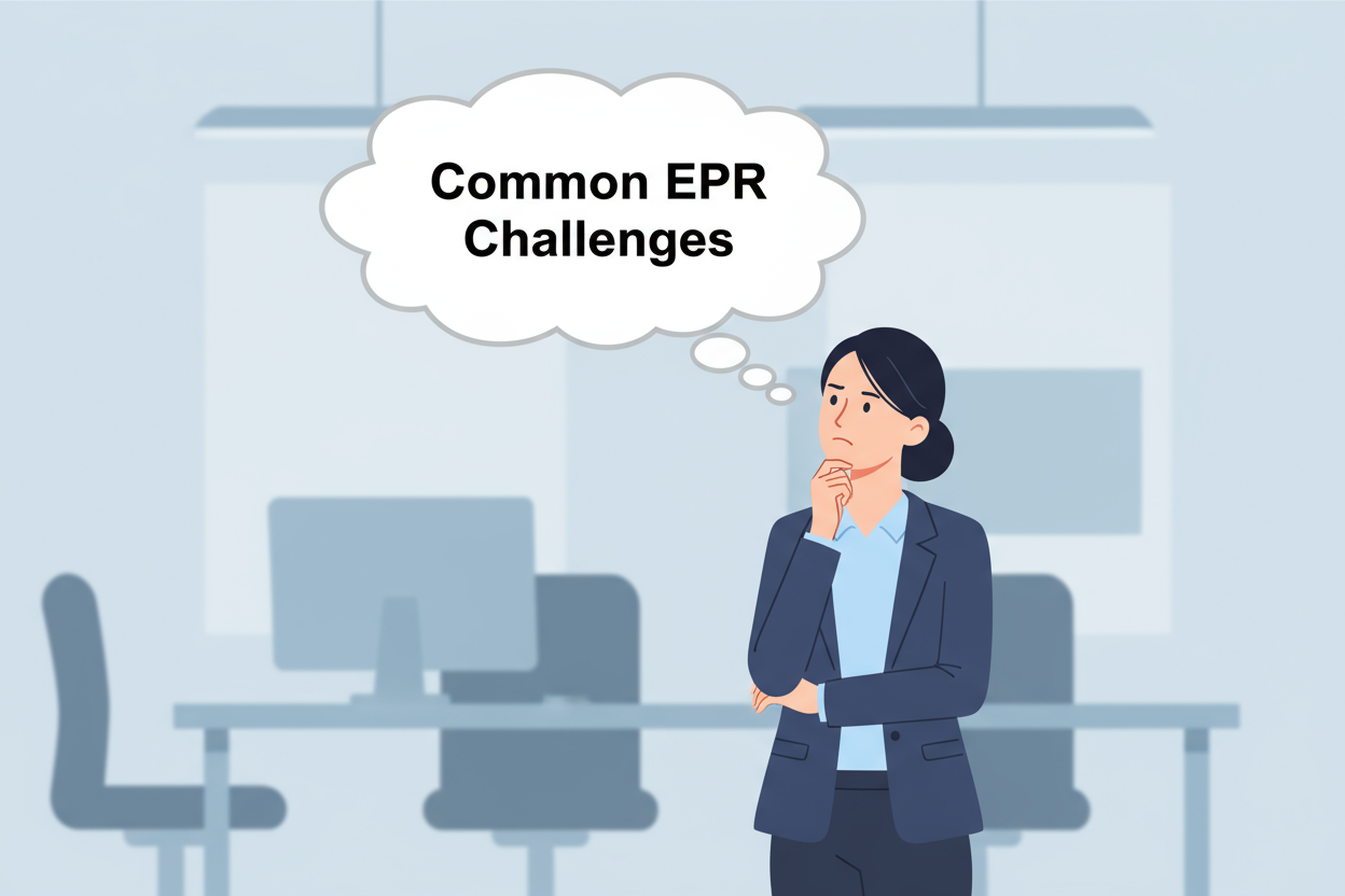 A woman saying "Common EPR Challenges" with cloud on her head like caption.